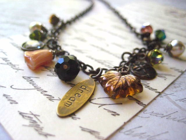 charm necklace SALE amber leaf dream tag wire wrapped gems brass chain womens jewelry