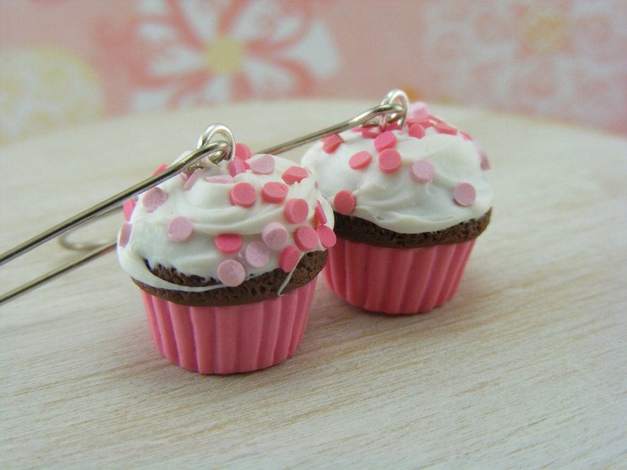 Pink Polka Dot Cupcake Earrings