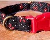 The Marlowe - Retro Organic Cotton SMALL Dog Collar Black White Polka Dots Red Flowers - All Antique Brass Hardware