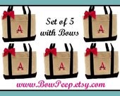 Set of 5 Black Natural Canvas Large Boat Totes with Ribbon Bow - Initial and Name Personalized Tote - bridesmaids gifts large group
