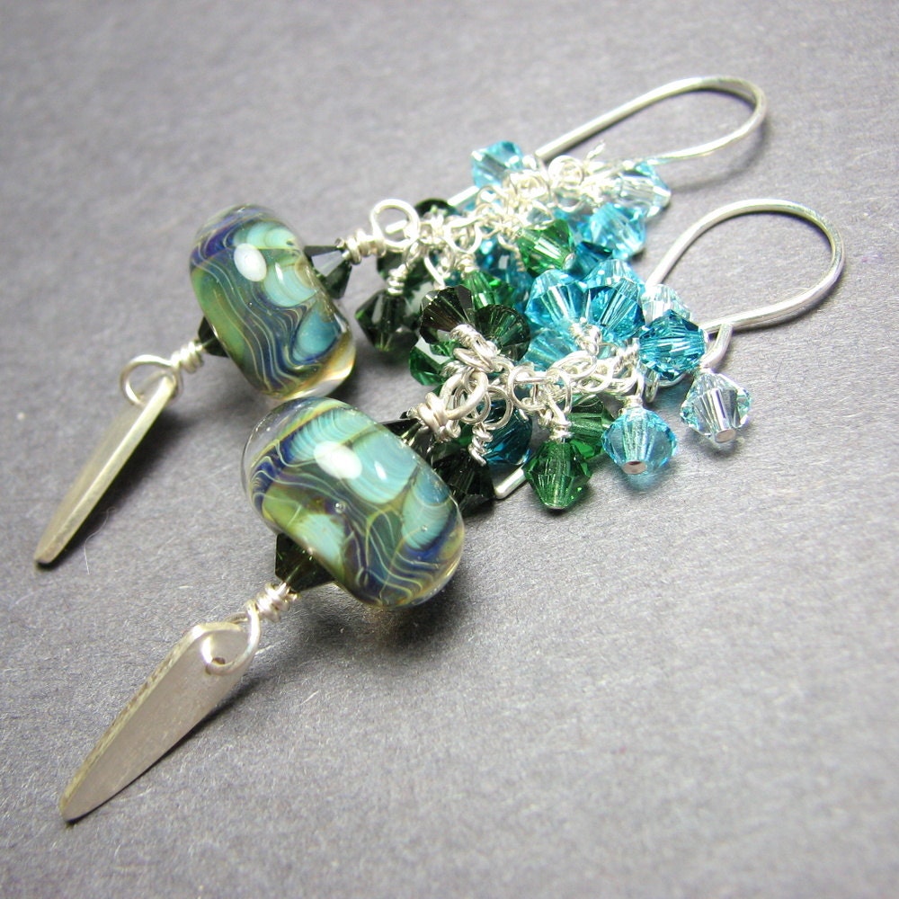 Blue green cluster earrings boro lampwork beads, swarovski crystal cascades and silver charms - Depth Charge