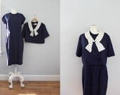 1960s navy polka dots sailor collar two piece dress suit ML