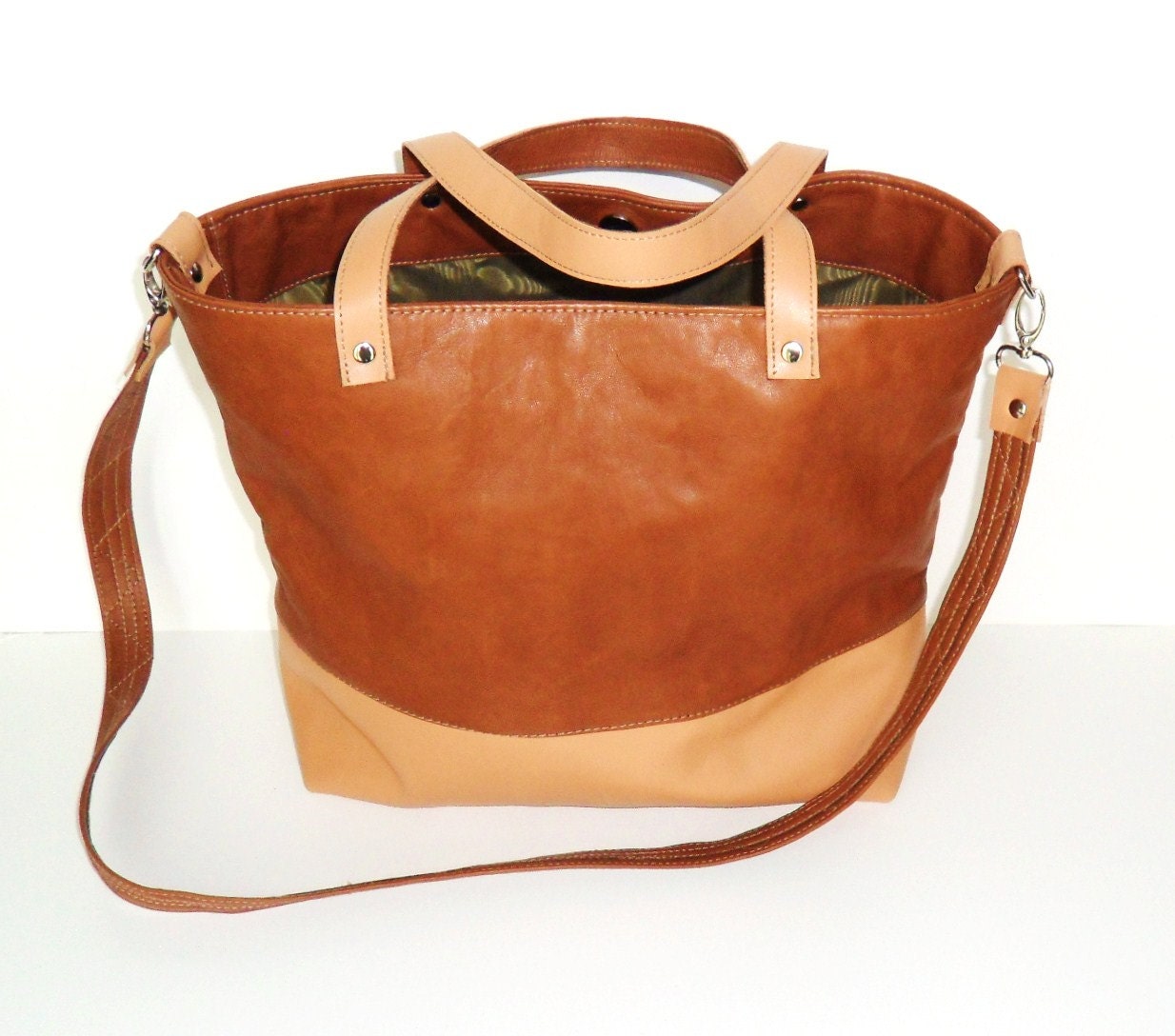 Color Block Leather Tote Bag Natural Brown