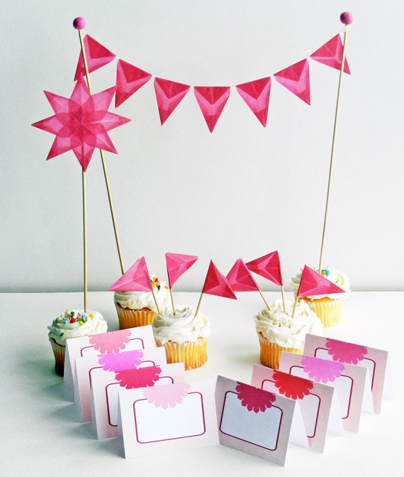 Pink Cake Topper, Cake Mini-Bunting with Pink Tags for Wedding, Birthday Parties - Made with Kite Paper, Wool Felt and Paper