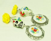 Sugar Skull, Floral Cameo And Yellow Rose Earrings