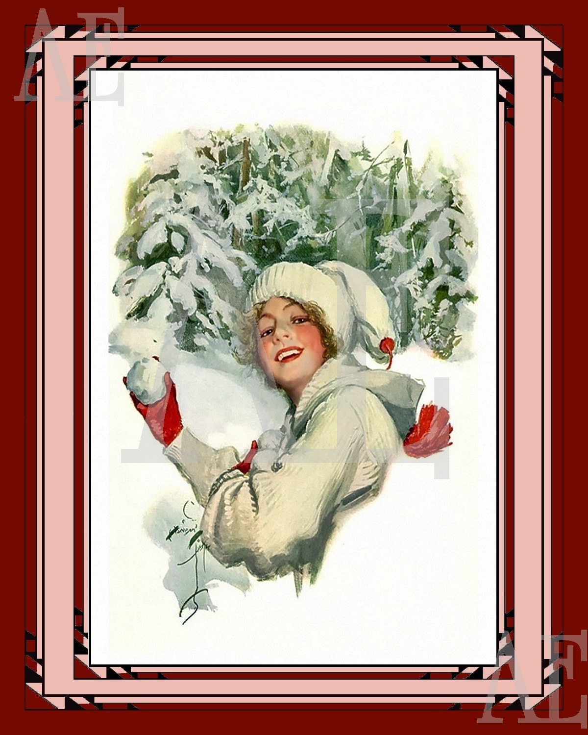 LG-230 Artistic Ephemera 8 x 10 Print - HARRISON FISHER - Art Deco Lady Snowball Fight - Also Available as Note Cards or Postcards