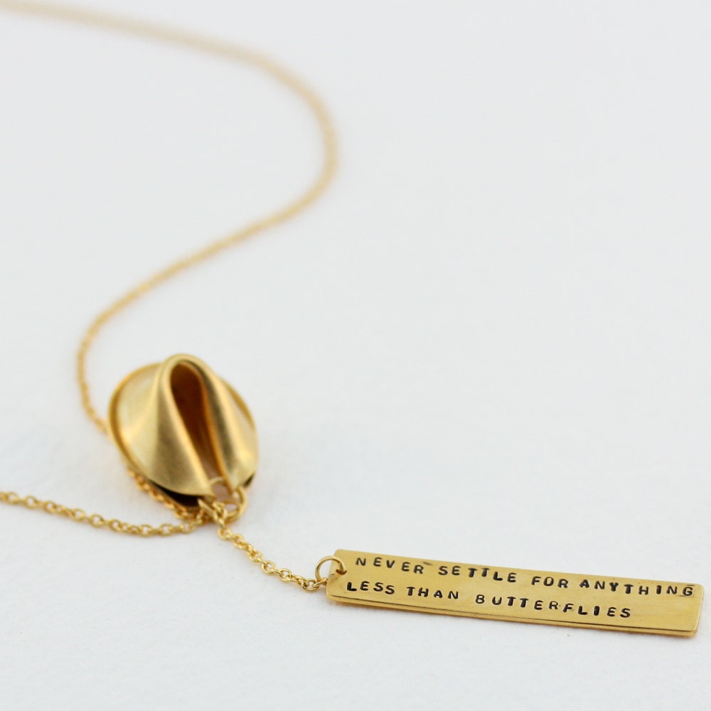 never settle for anything less than butterflies - 20" 18k gold vermeil fortune cookie lariat with fortune message in front