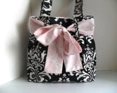 Handbag Made of Black and White Damask  Fabric and Large Light Pink Bow