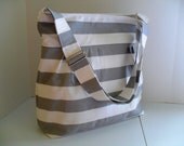 Large Bag Made of Grey and White Stripe Fabric with Adjustable Strap