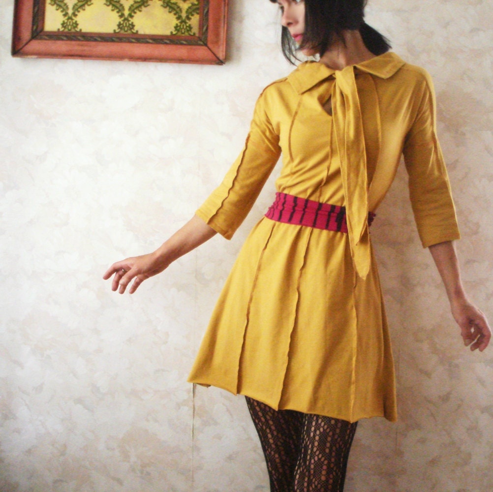 The Girl I Am Now - iheartfink Handmade Keyhole 3/4 Sleeve Retro Mustard Yellow Mini Dress