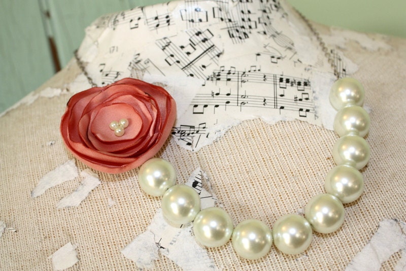 Fabric flower necklace, peach satin fabric flower and chunky pearl bead necklace, peach bridesmaid necklace