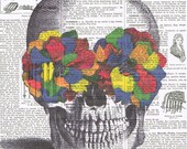 Fathers day.Skull Gift , French,Colourful/ Vintage. flowers.Antique Book Page Print, buy 3 get 1 free.deco.steampunk.hipster.birthday.