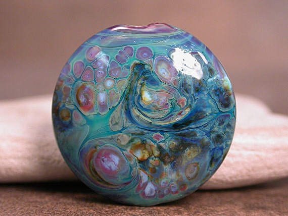 Lampwork Focal Bead Organic Creamy Blues Green Purple Swirled Divine Spark Designs SRA