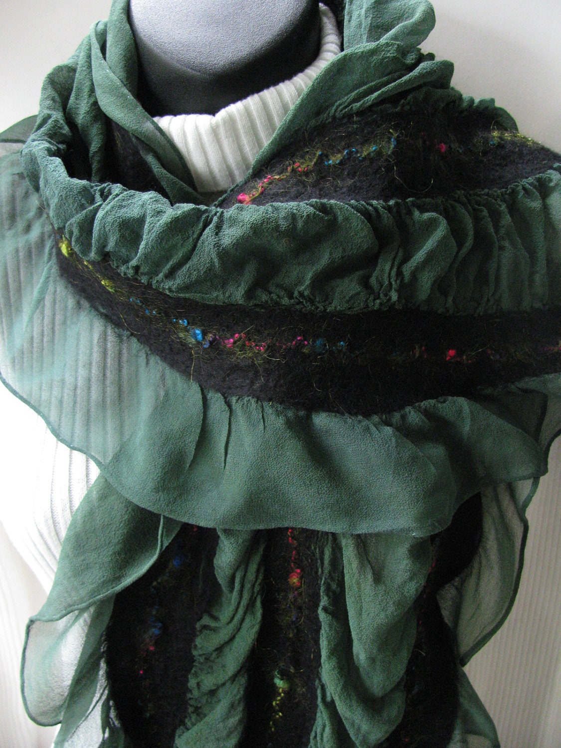 Nuno Felted Scarves-Green and Black Holiday Ruffle Scarf - womens scarf- silk scarf-wool scarf