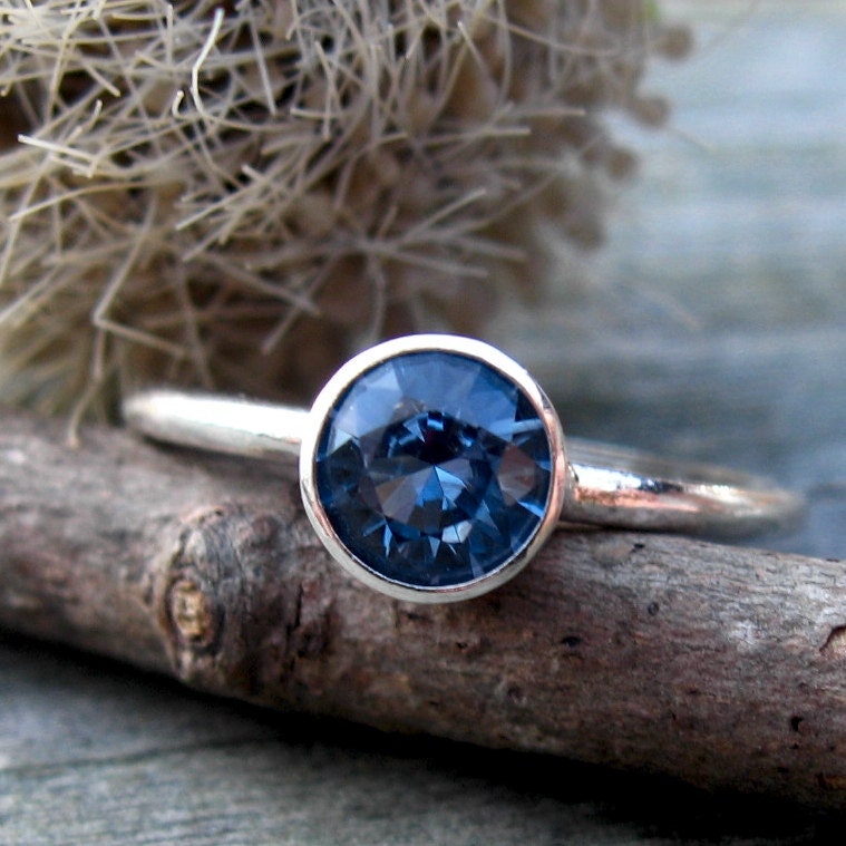 Blue Zircon Ring ... December Birthstone ring 6mm blue zircon sterling silver stacking ring YOUR SIZE