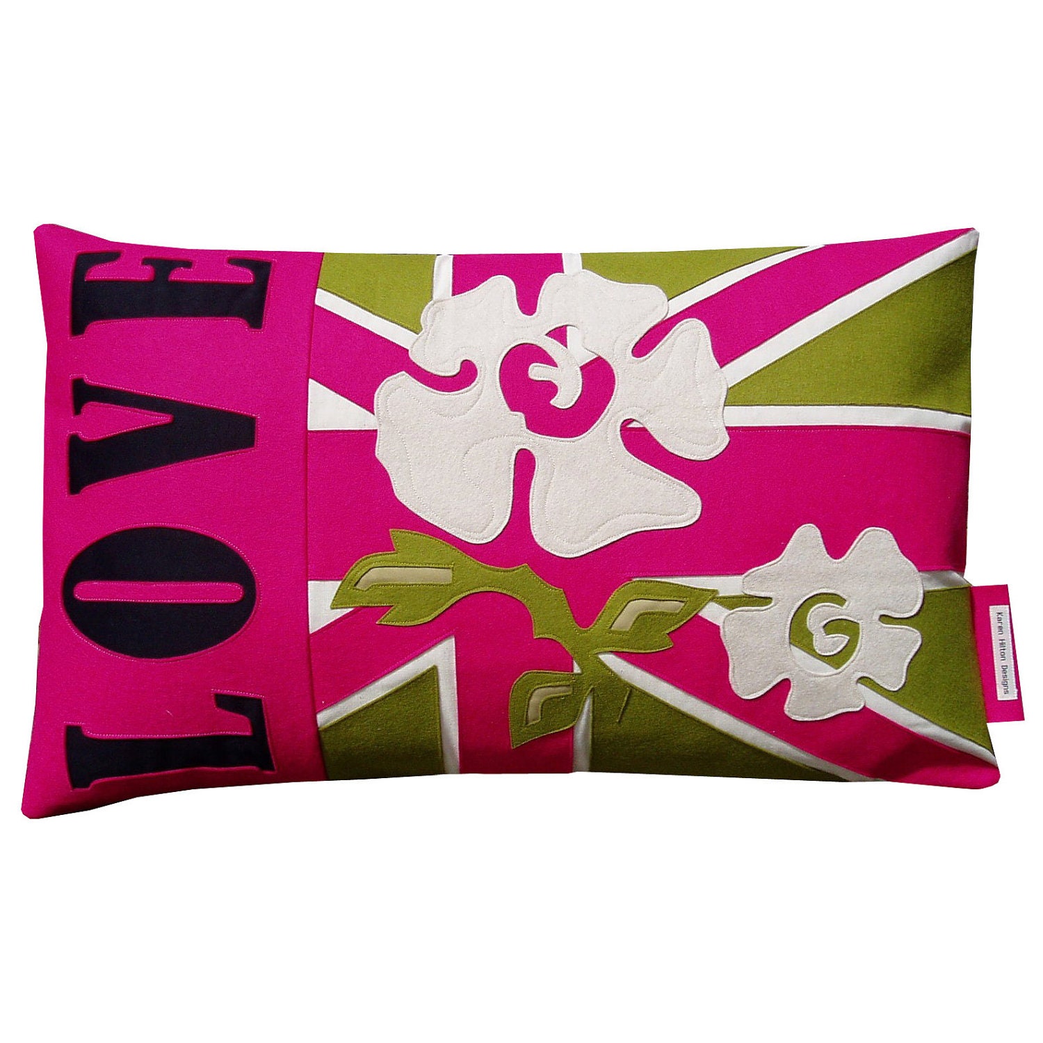 SAMPLE SALE ITEM.  Green, Pink, black and white retangular Love and Rambling Roses Union Jack cushion/pillow  Appliqued felt