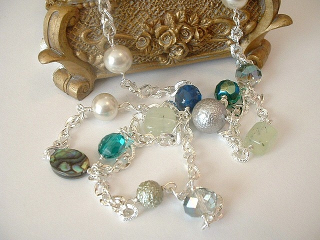 Blue Green Mix Beaded Chain Necklace