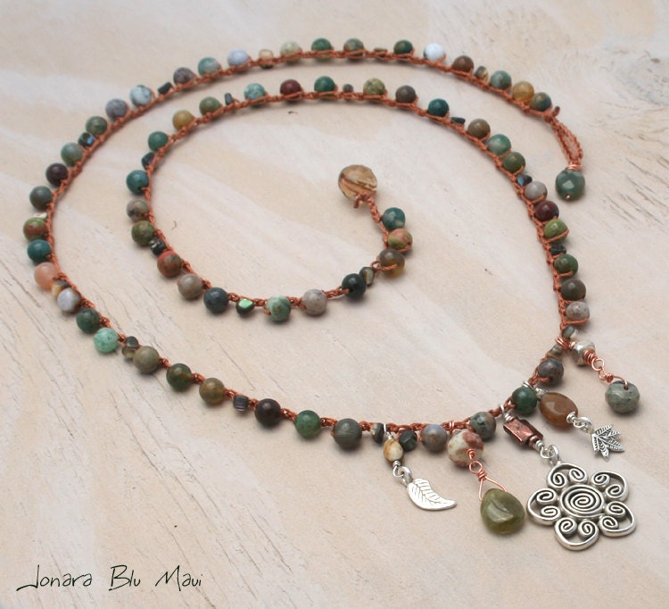 Long Bohemian Crocheted 5 Pendant Necklace - Fall Colors, Layered Look