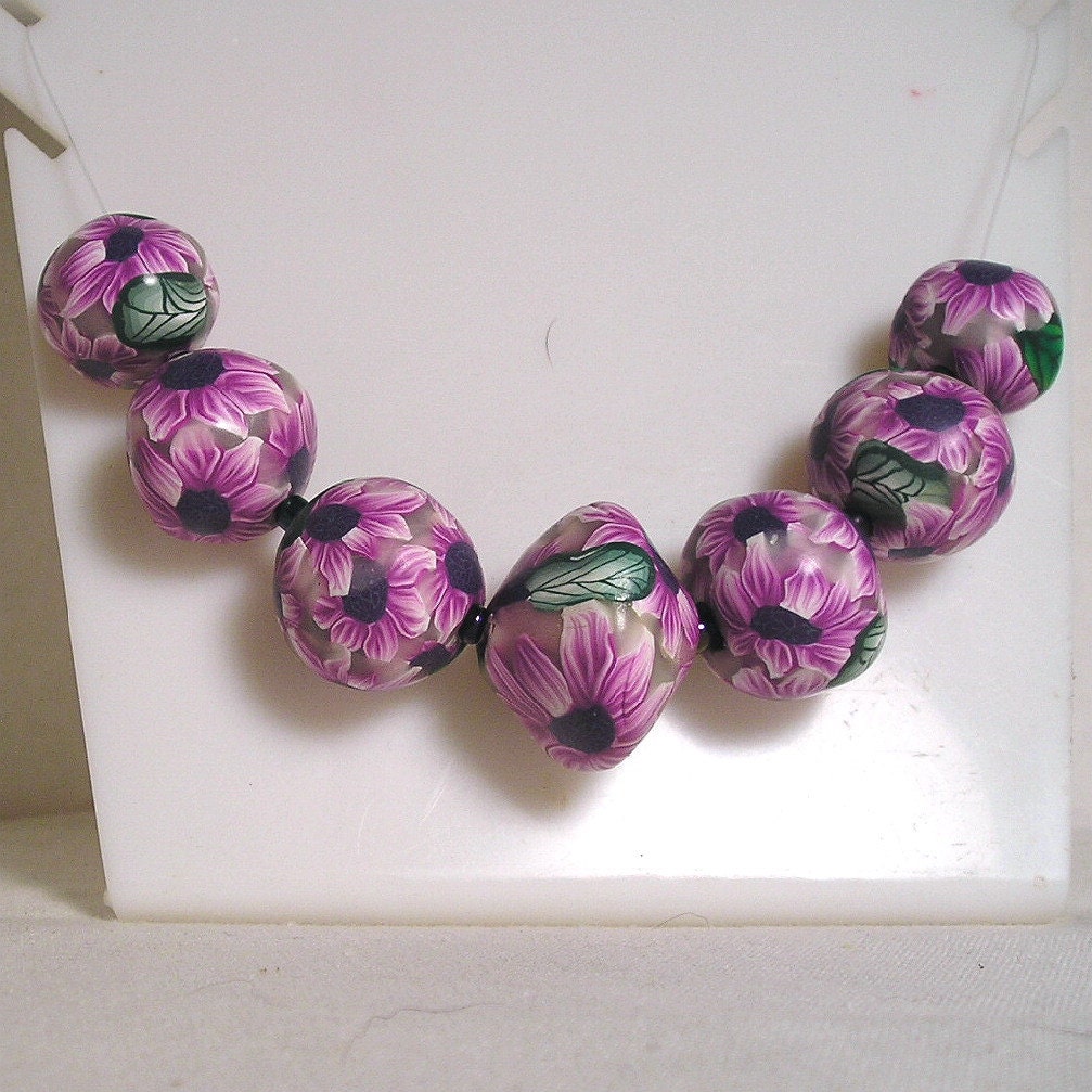 Violet Blue-eyed Daisies   Polymer Clay Bead Set-By Allison