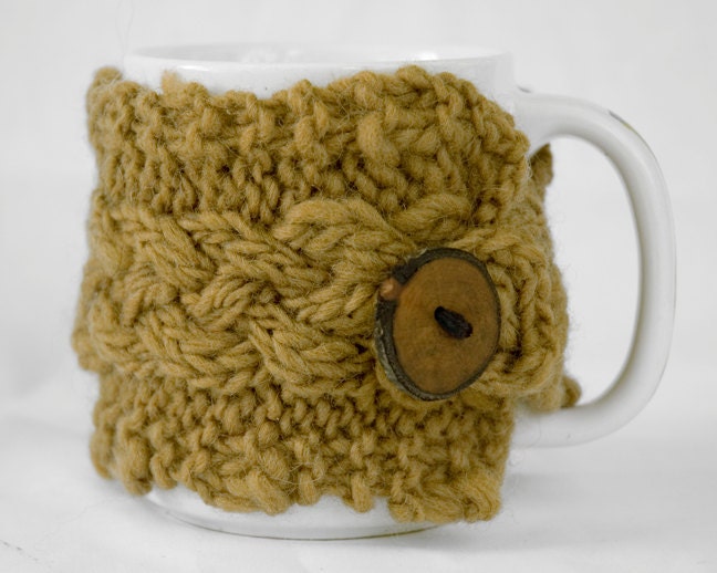 Hand Knit Cabled Wool Coffee Cup Cozy in Ochre