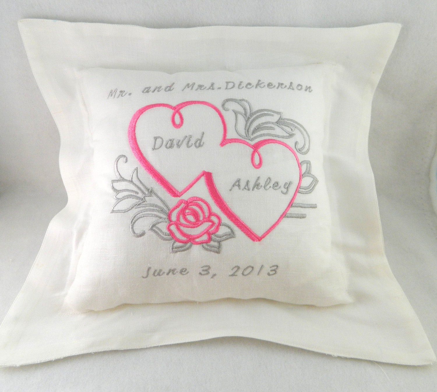 EMBROIDERED PERSONALIZED WEDDING White Linen Flange Pillow Hearts and Rose