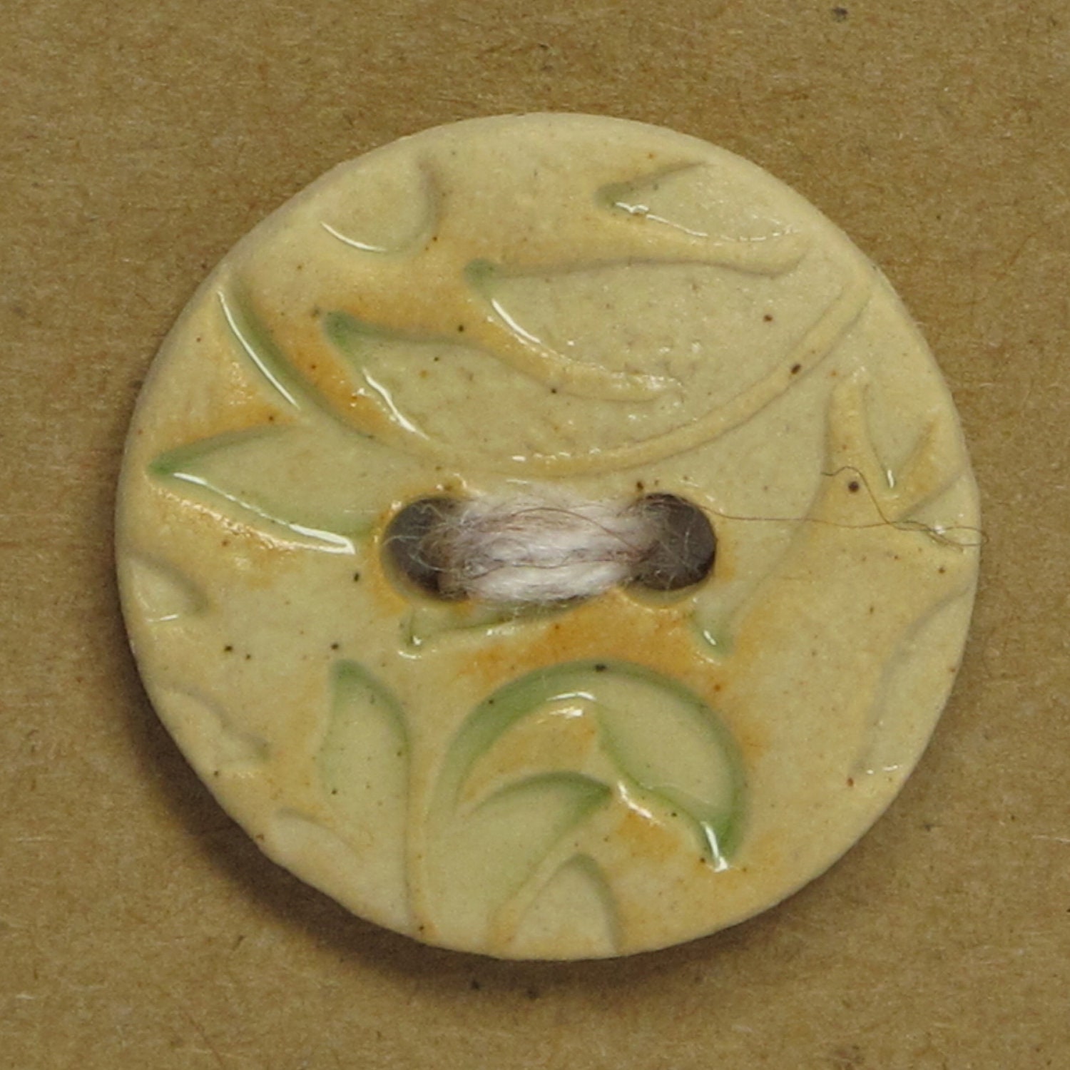 SALE Stamped Leaves Ceramic Stoneware Button - Green - FREE SHIPPING