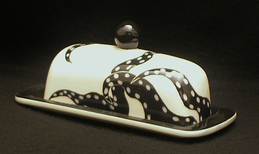 Butter Dish. Octopus Knobbed Butter Dish. Black. Sea. Handmade by Sara Hunter Designs.
