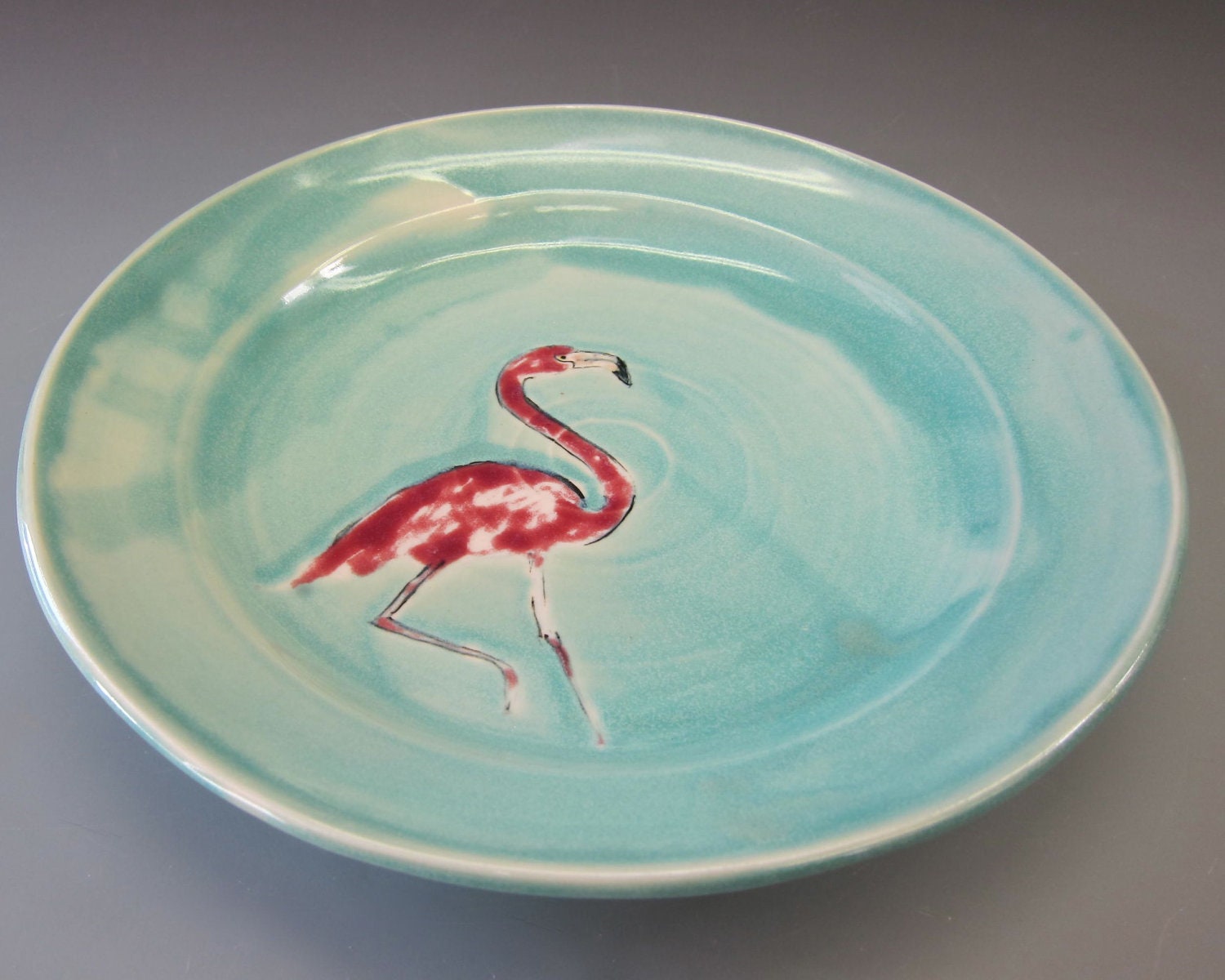 Red Flamingo on a Turquoise Wheelthrown Porcelain Plate