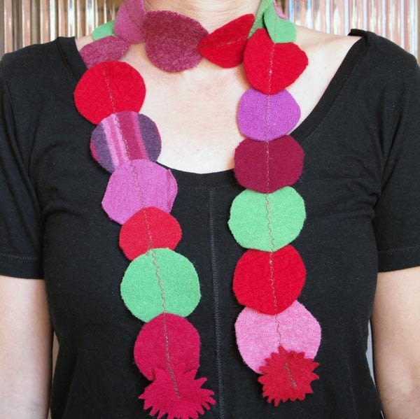 Upcycled Sweater Circle Scarf- Bright Green, Reds & Pinks Short Scarf
