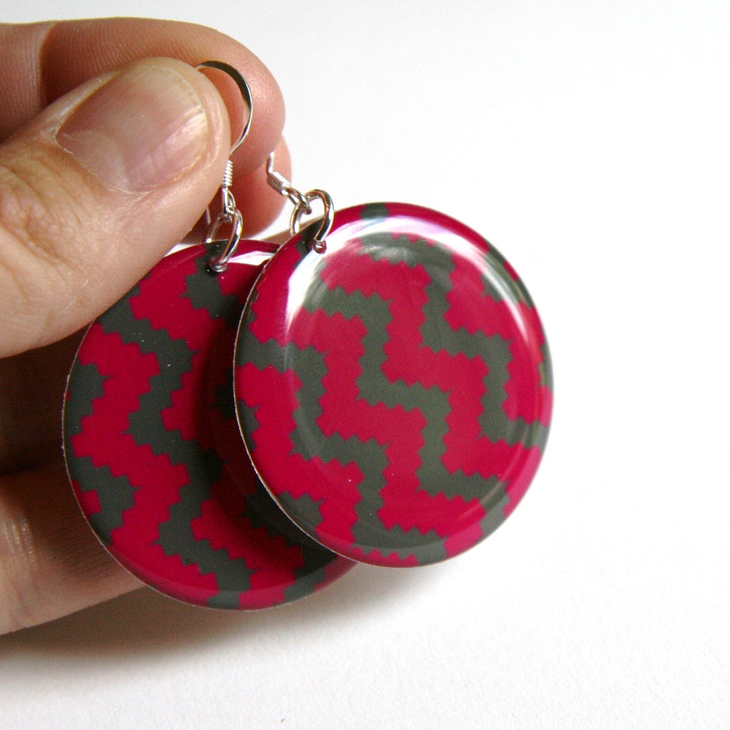 Bright Pink & Dark Gray Chevron Large Resin Earrings with Sterling Earwires