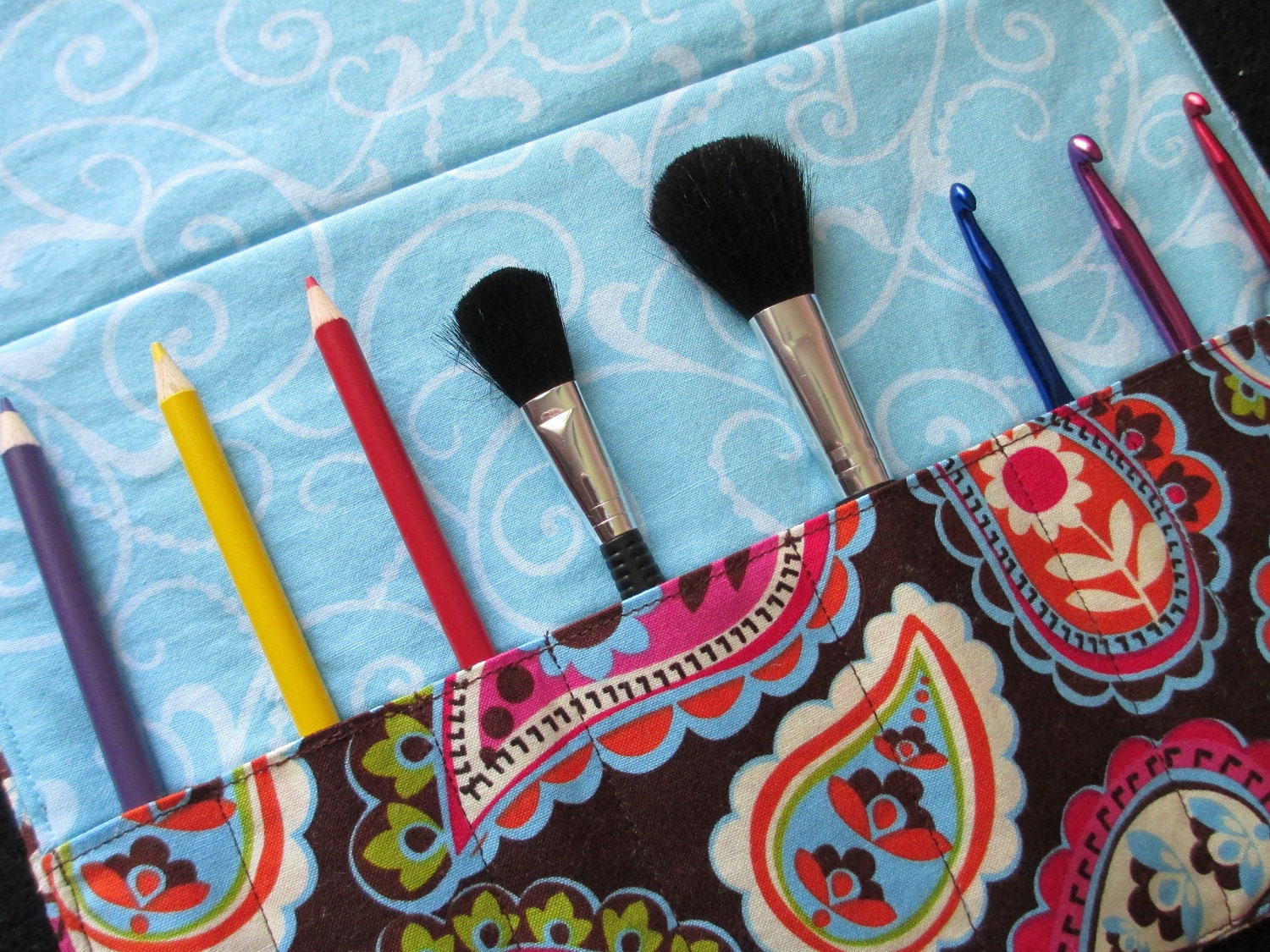 Makeup brush roll,  Crochet hook organizer, Brown paisley. makeup brush holder