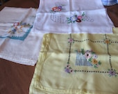 3 Vintage Tablecloths Floral Hand Embroidery, Drawn Hems Daisies