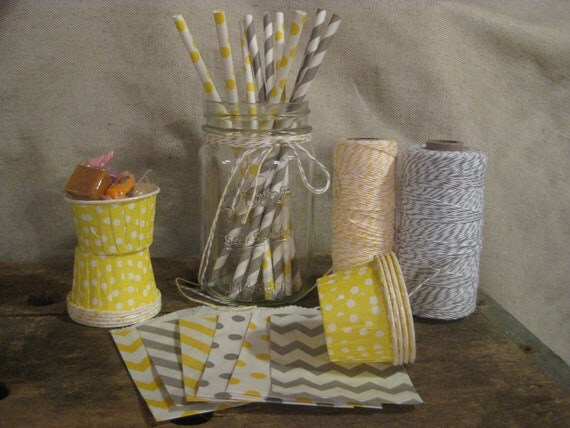 Gray and Yellow Party Pack -- Paper Straws, Baking Cups, Favor Bags, Bakers Twine, Grey Il_570xn