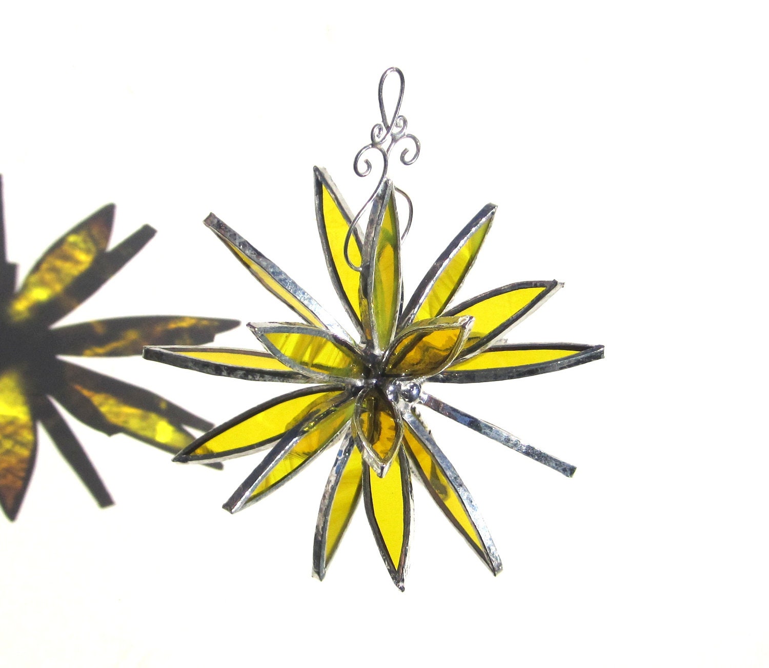 Sunflower Blast - Small 3D Stained Glass Flower Burst - Yellow Abstract Home Garden Decor Suncatcher 3Dimensional Hanging Ornament