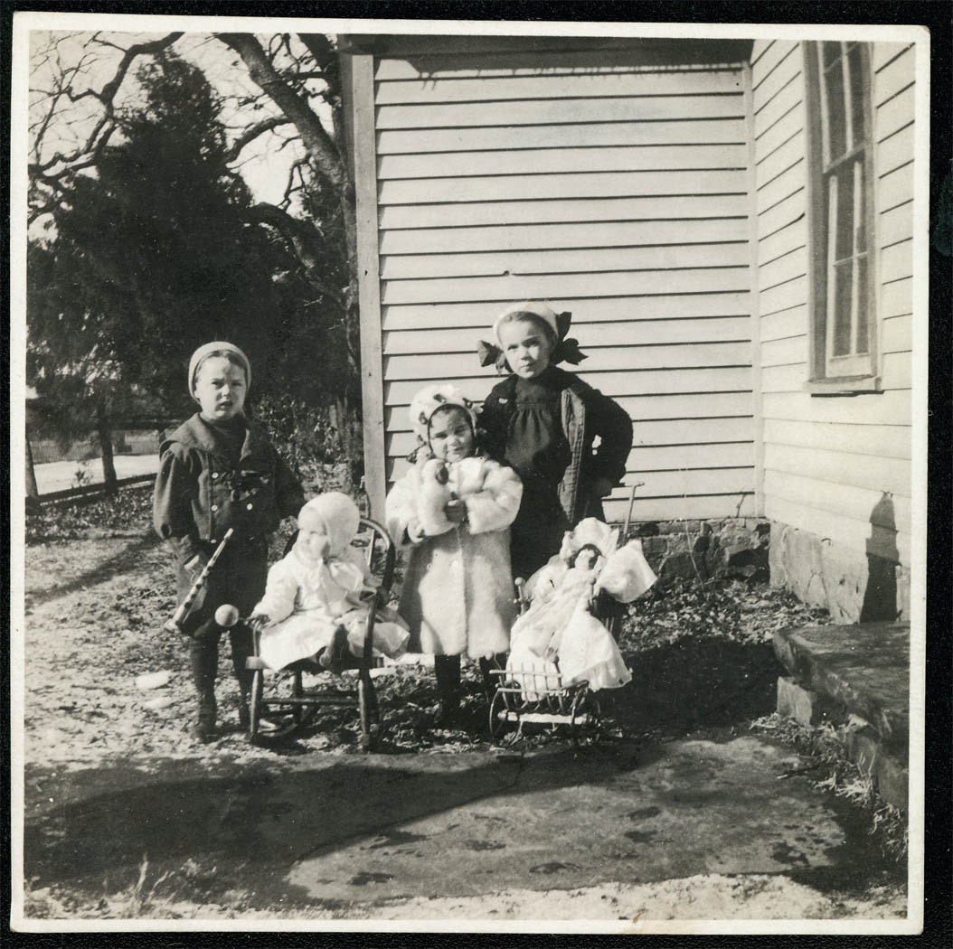 Vintage photo Children with Christmas Doll Horn TOys 1916