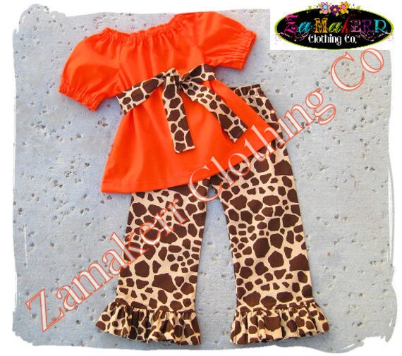 Custom Boutique Clothing Orange Peasant Dress Top Giraffe Ruffle Pant Bottom Outfit Set 3 6 9 12 18 24 month size 2T 2 3T 3 4T 4 5T 5 6 7 8