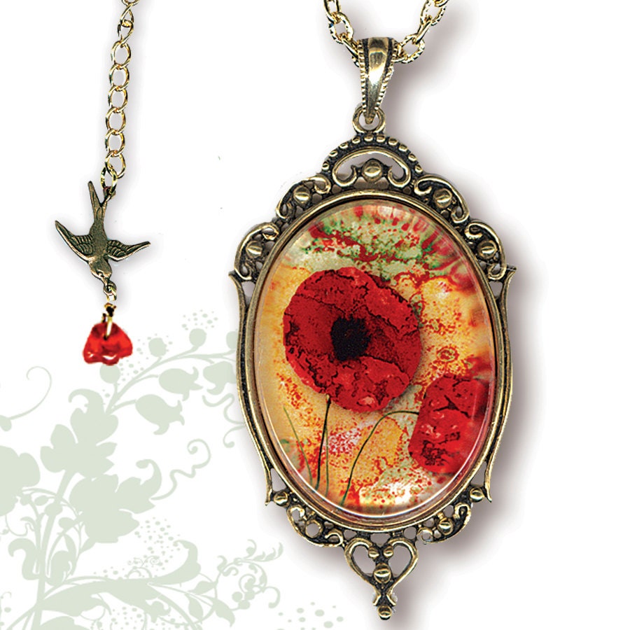 Red Poppy Necklace - Glass Art Frame Jewelry - GeoForms Collection by Tzaddishop
