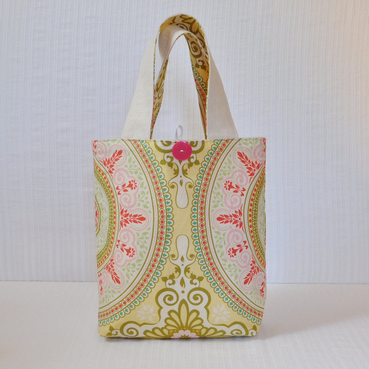 Garden Gate in Moss Lunch Bag - Yellow Blue and White Mini Tote