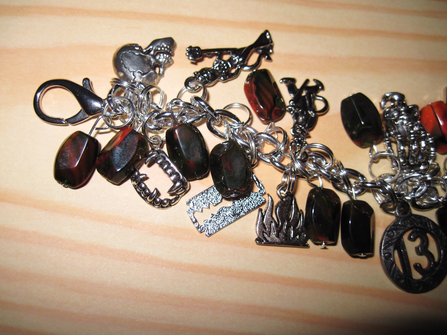 Halloween Charm Bracelet Unlucky 13 Thirteen Glass Beads Jewelry Evil Horror Dead Death Goth OOAK Eclectic Statement Piece