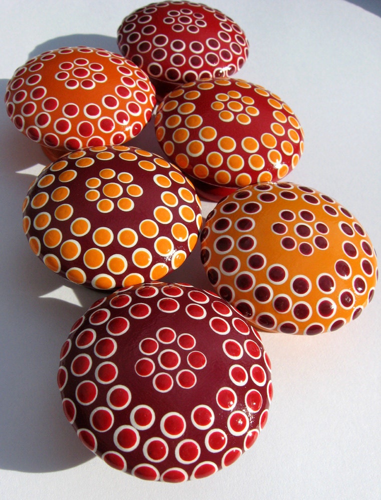 Set of 6 Hand Painted Dotted Drawer Knobs: Red, Orange and Burgundy, Fall Colors, Spotted Drawer Pulls