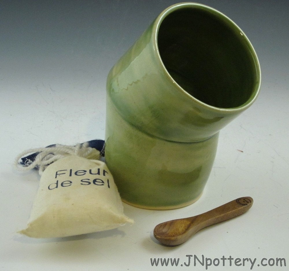 Ceramic Salt Cellar, Handmade Stoneware Open Salt Crock, Celadon Green  s207