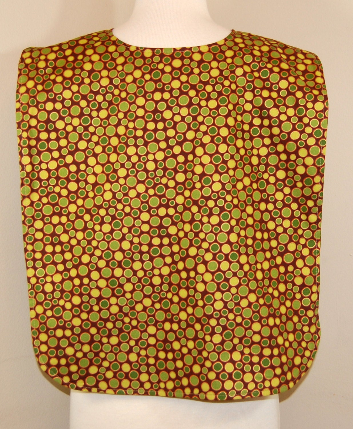 Adult Rib Bib/Clothing Protector/Crumb Catcher/Make-up Bib, Long Length: Green and Gold Dots on Brown/Brown with Gold Scrolls
