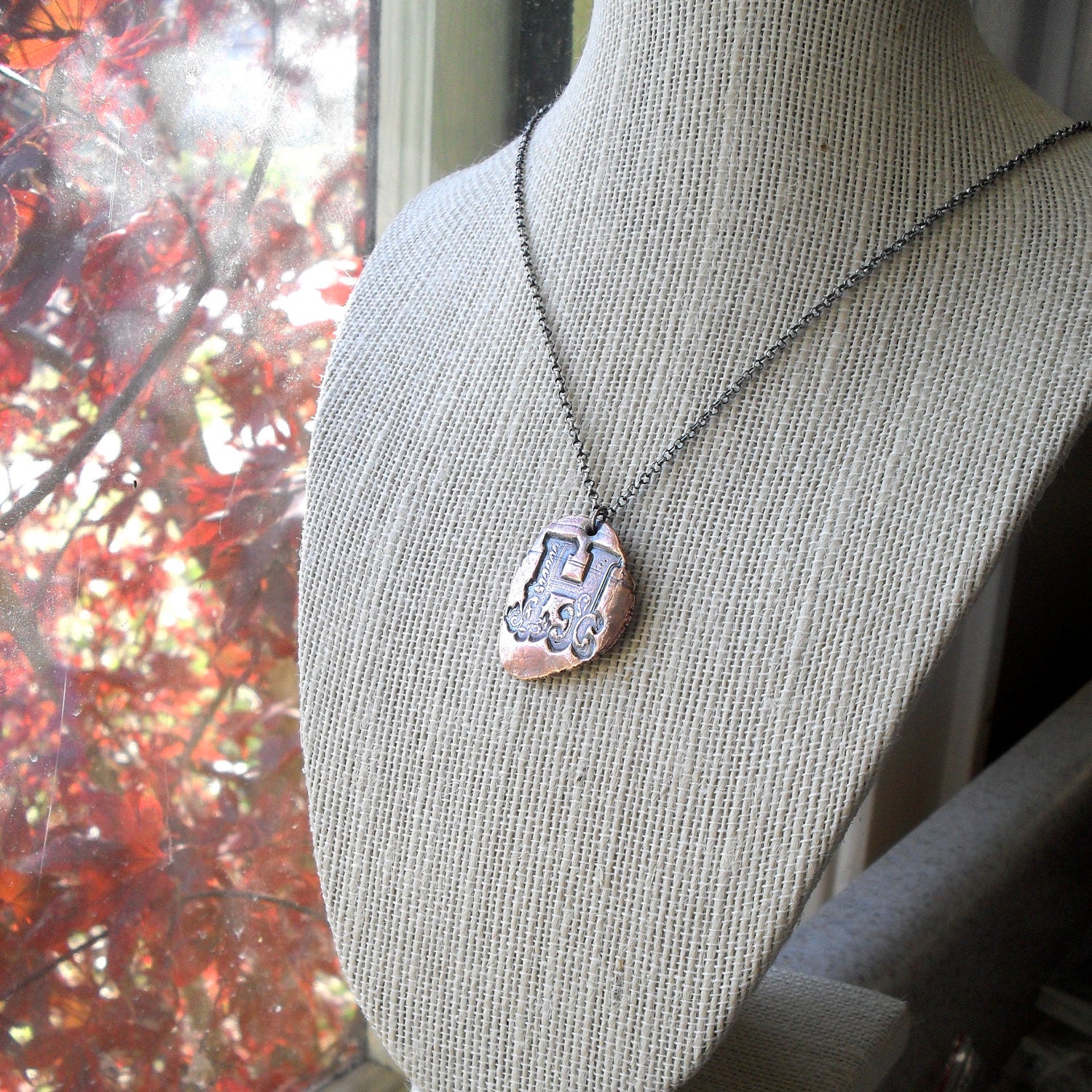 H Initial Necklace in Rustic Copper on Sterling Silver Chain - Ready to Ship