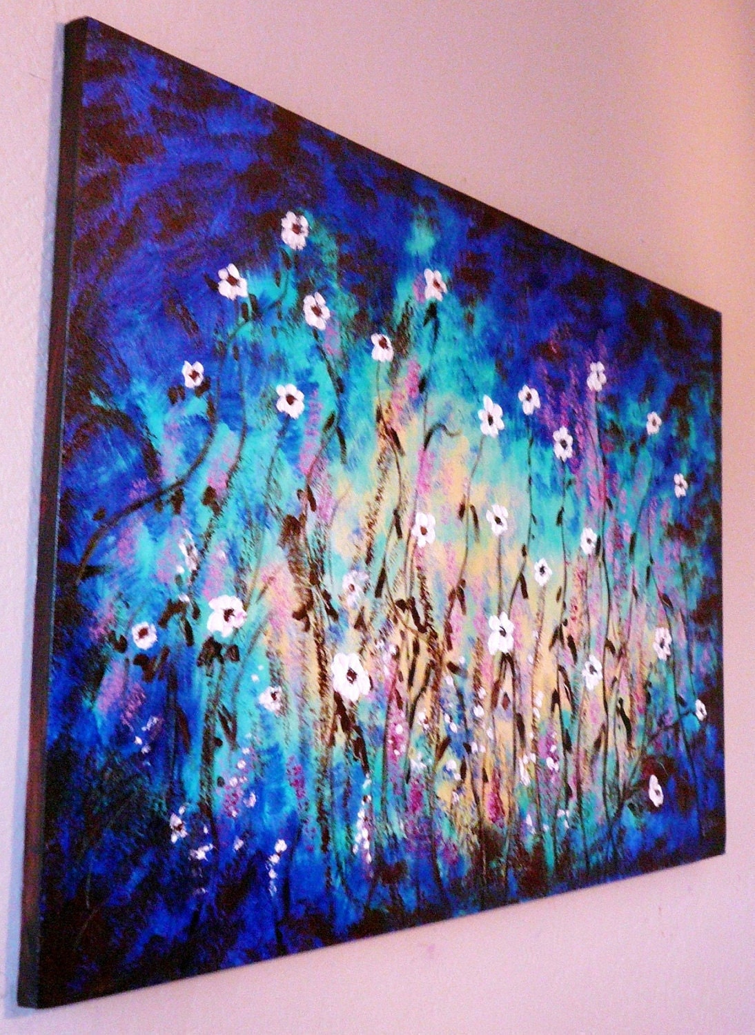 sale was 289-Original large oil painting Daises agaisnt Blue and Brown background by Vadal free ship in US