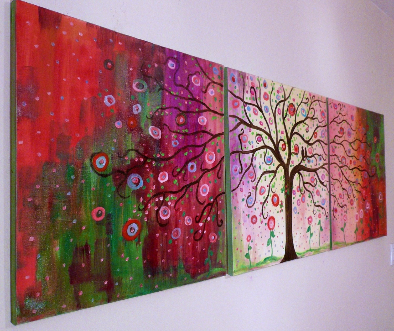 X-  large original painting landscape Modern contemporary  painting Folk Tree & birds  72x24