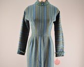 1950s wiggle dress  Vintage 50s dress  50s striped wool dress teal green aqua fringe hourglass size medium 27 waist 36 bust