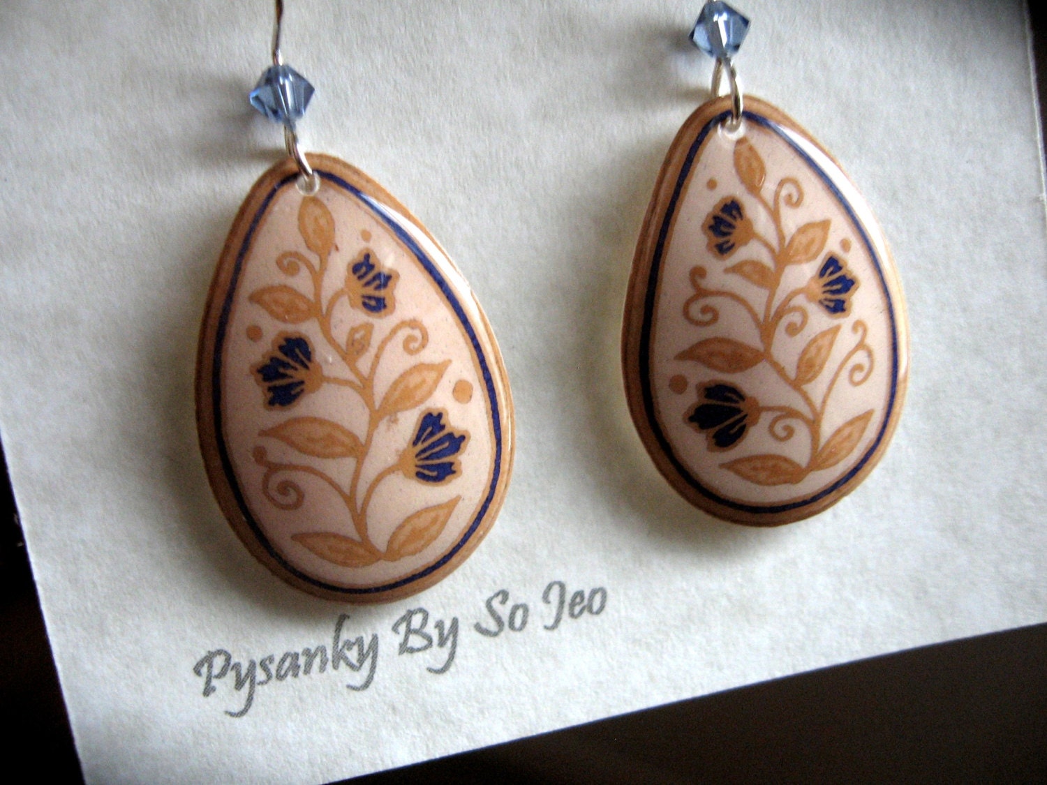 ECO Spring Vines Etched Brown Eggshell  Pysanky Batik  Teardrop Dangle Earrings