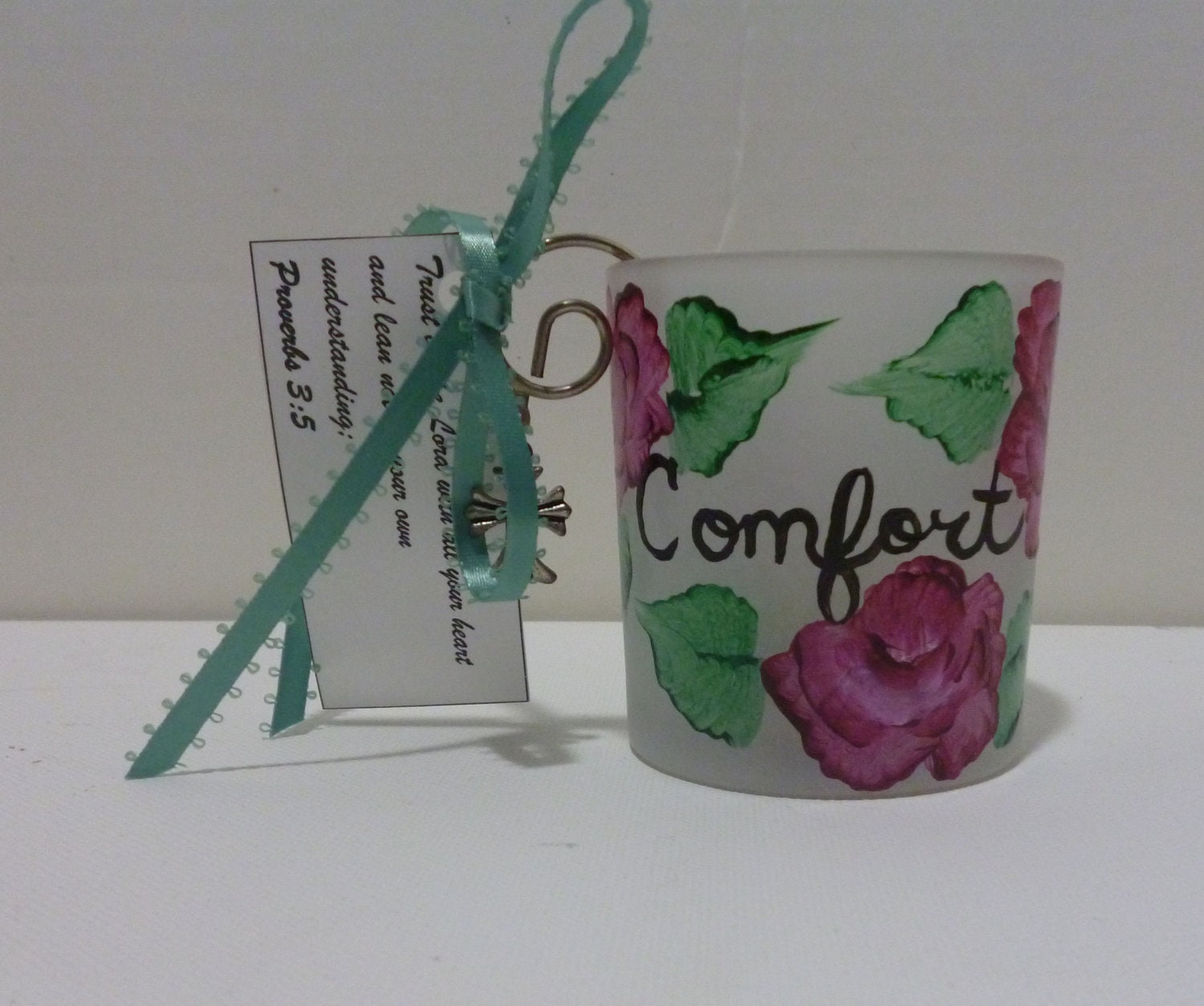 Hand Painted Spiritual Annointed Scripture Rose Candle Holder w/ Bible Verse COMFORT
