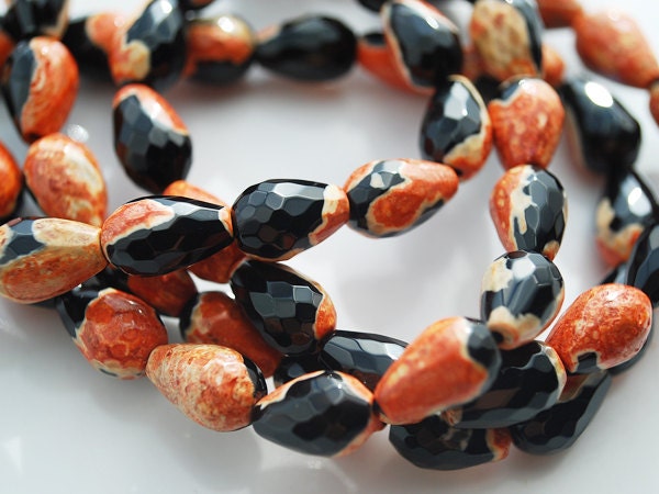 Half Strand, TANGERINE Mosaic Agate Faceted Drop Beads, 8x10MM