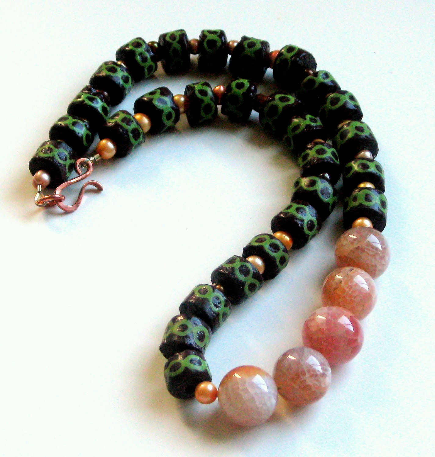 AFRICAN AUTUMN NECKLACE - African glass krobo beads, fire agate, freshwater pearl, copper clasp, ooak, handmade, green and orange for fall